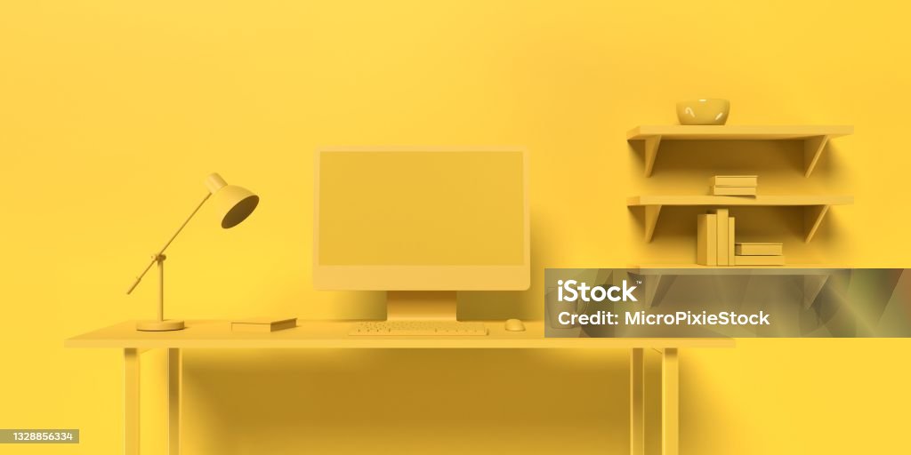 Simple and Modern Home Office Space in Minimalistic Yellow Monochrome Color 3D render of a home office desk in yellow monochrome color with coffee cup and desktop computer. Easy to crop for all social media, print and design needs. Monochrome Stock Photo