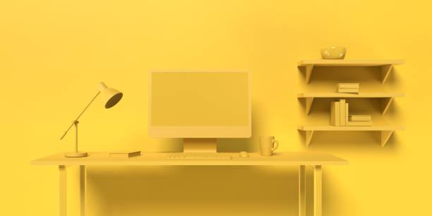 Simple and Modern Home Office Space in Minimalistic Yellow Monochrome Color 3D render of a home office desk in yellow monochrome color with coffee cup and desktop computer. Easy to crop for all social media, print and design needs. monochrome stock pictures, royalty-free photos & images