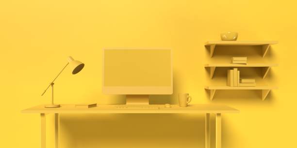 Simple and Modern Home Office Space in Minimalistic Yellow Monochrome Color 3D render of a home office desk in yellow monochrome color with coffee cup and desktop computer. Easy to crop for all social media, print and design needs. monochrome house stock pictures, royalty-free photos & images