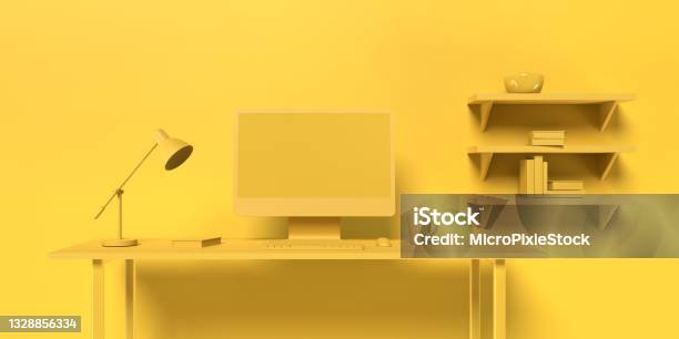 Simple And Modern Home Office Space In Minimalistic Yellow Monochrome Color Stock Photo - Download Image Now