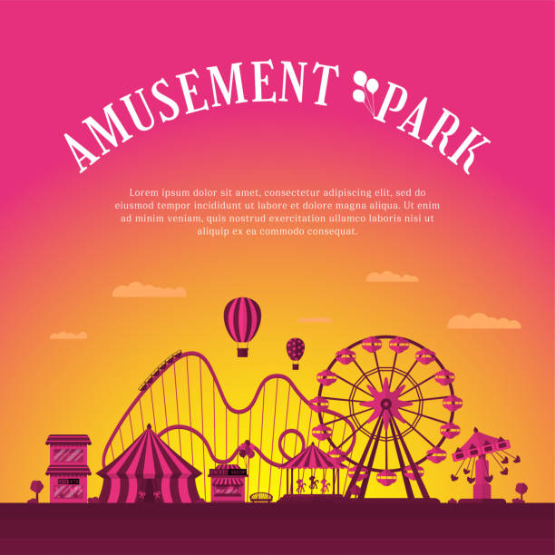 ilustrações de stock, clip art, desenhos animados e ícones de amusement park banner design template. circus carousels roller coaster and attractions. fun fair and carnival theme landscape. ferris wheel and merry-go-round festival poster vector illustration - amusement park