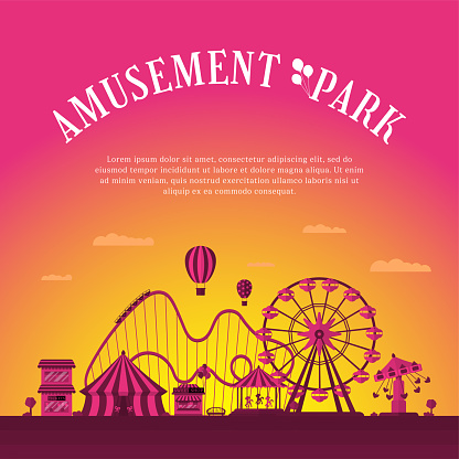 Amusement park banner design template. Circus carousels roller coaster and attractions. Fun fair and carnival theme landscape. Ferris wheel and merry-go-round festival poster vector eps illustration
