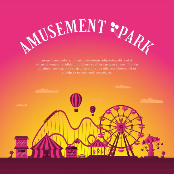 Amusement park banner design template. Circus carousels roller coaster and attractions. Fun fair and carnival theme landscape. Ferris wheel and merry-go-round festival poster vector illustration Amusement park banner design template. Circus carousels roller coaster and attractions. Fun fair and carnival theme landscape. Ferris wheel and merry-go-round festival poster vector eps illustration circus tent illustrations stock illustrations