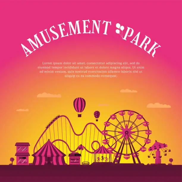 Vector illustration of Amusement park banner design template. Circus carousels roller coaster and attractions. Fun fair and carnival theme landscape. Ferris wheel and merry-go-round festival poster vector illustration