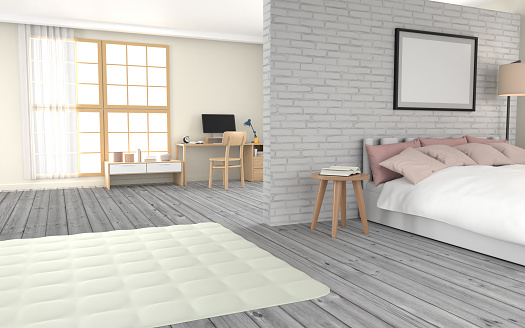 3D render of a modern and simple home office space and bedroom with fashionable furniture against dark grey wall. Easy to crop for all social media, print and design needs.