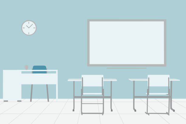 leeres klassenzimmer mit whiteboard, weißen schreibtischen und stühlen - leerer schreibtisch stock-grafiken, -clipart, -cartoons und -symbole