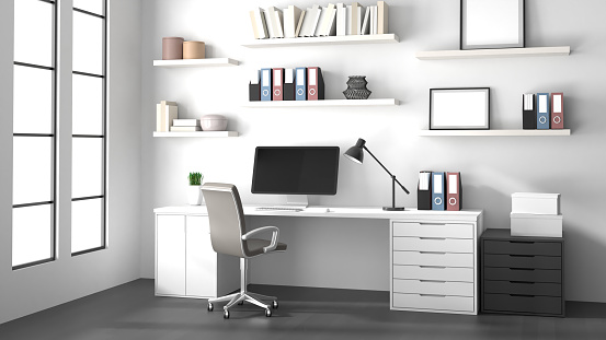 A white desk with copy space for display product in a contemporary room with a large bookshelf. office desk, workspace, study table. 3d render, 3d illustration