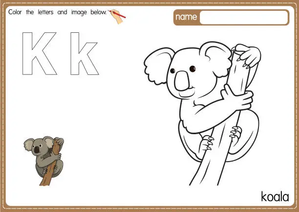 Vector illustration of Vector illustration of kids alphabet coloring book page with outlined clip art to color. Letter K for  Koala.