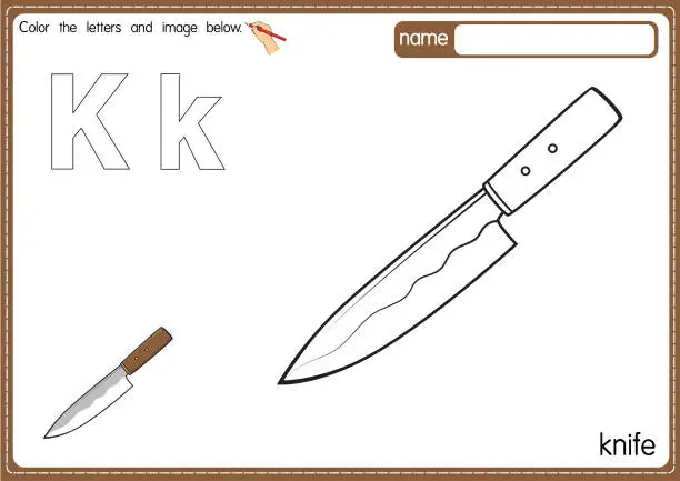Vector illustration of Vector illustration of kids alphabet coloring book page with outlined clip art to color. Letter K for  Knife.