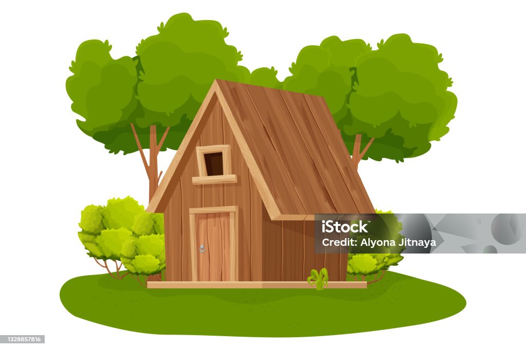 Forest Hut Wooden House Or Cottage Decorated With Trees Grass And Bush In  Cartoon Style Isolated On White Background Cabin Country Building With Roof  Window And Door Vector Illustration Stock Illustration -