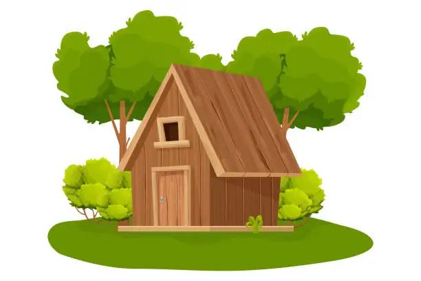 Vector illustration of Forest hut, wooden house or cottage decorated with trees, grass and bush in cartoon style isolated on white background. Cabin, country building with roof, window and door. . Vector illustration