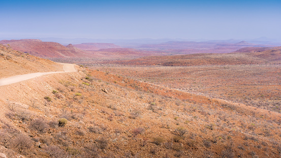 Damaraland landscape. Gravel road to Palmwag in Namibia in Africa.