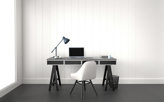 3D render of a modern and simple home office space with fashionable furniture against white wall. Easy to crop for all social media, print and design needs.