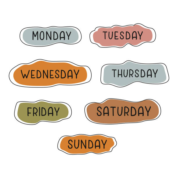 Handwritten days of the week monday, tuesday, wednesday, thursday, friday, saturday sunday. Handwritten days of the week monday, tuesday, wednesday, thursday, friday, saturday sunday. Modern colorful design for calendar, weekly plan, organizer. Vector illustration friday stock illustrations