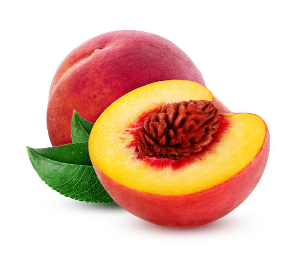 istock Peach with leaves isolated on white background without shadow 1328859544