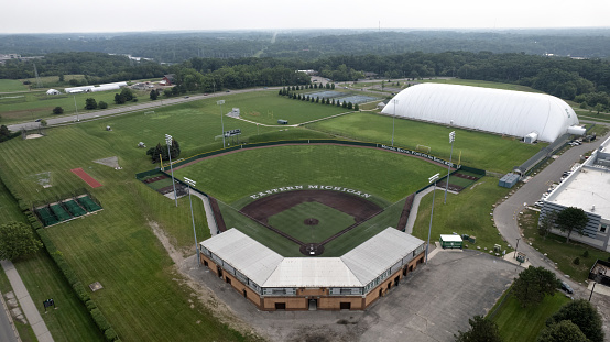 Ypsilanti, Michigan USA - July 15, 2021: Aerial view of Eastern Michigan University’s Oestrike Baseball Stadium.