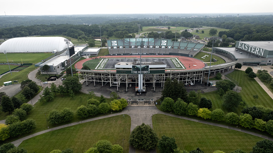 Ypsilanti, Michigan USA - July 15, 2021: Aerial view of Eastern Michigan University’s Rynearson Football Stadium.