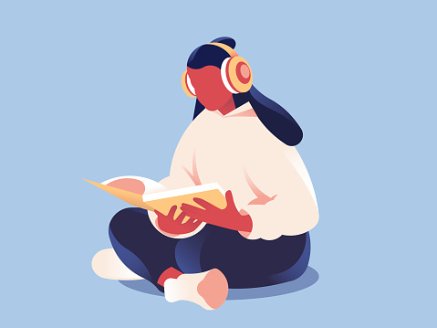 Young person with headphones sitting on a floor and reading a book. Vector 2D illustration.