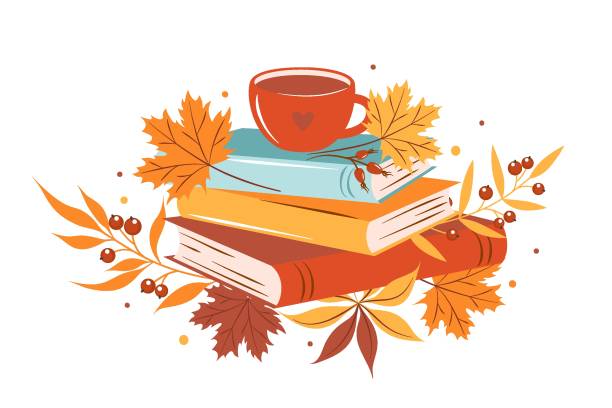 books Books, cup coffee or tea with autumn bright leaves on white background.  Design for greeting card, Sale or promotional poster. Vector illustration october illustrations stock illustrations
