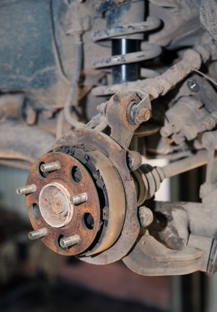 istock Rusty rear hub brake pads on an old car 1328866076
