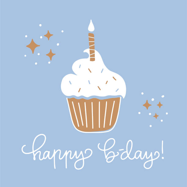 векторная иллюстрация сладкого кекса со свечой. рисована каллиграфия «с днем рождения». концепция юбилея, открытка, поздравительная откры� - cupcake stock illustrations