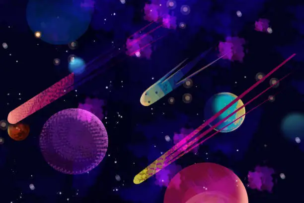 Vector illustration of Stars, comets, asteroids and planets