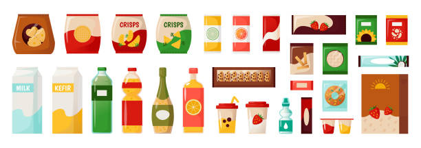 ilustrações de stock, clip art, desenhos animados e ícones de food packs. supermarket daily products. packed everyday goods. isolated packages for chips and cookies. bottles of milk. tasty sauces. sweets and snacks. vector cooking ingredients set - cookie chocolate chip cookie chocolate isolated