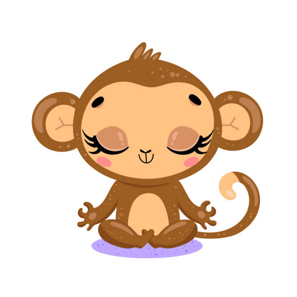 wektor płaski cute cartoon doodle małpa medytacja. tropikalne zwierzęta safari dżungli medytować. zwierzęta joga - yoga lotus zen like buddhism stock illustrations