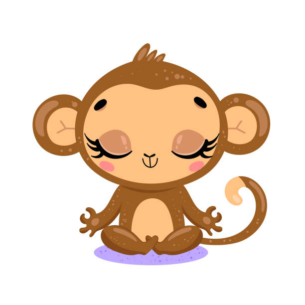 ilustrações, clipart, desenhos animados e ícones de vetor flat flat desenho animado doodle meditação macaco. animais de safári da selva tropical meditam. yoga animal - yoga lotus zen like buddhism