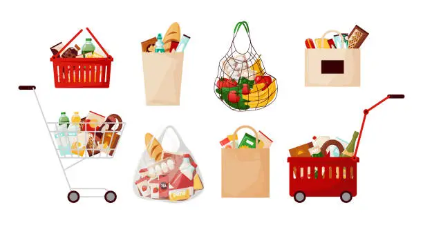 Vector illustration of Grocery food bags. Supermarket cart and basket with daily meal products. Cartoon paper sacks for purchases. Shopping containers with eggs, bread and milk. Vector organic ingredient set