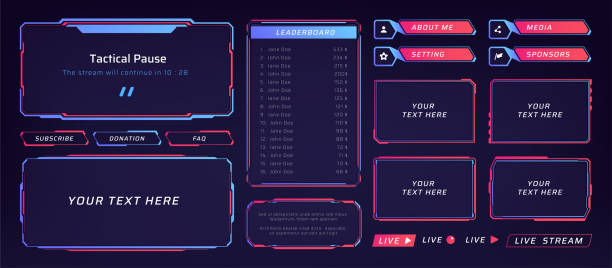 ilustrações de stock, clip art, desenhos animados e ícones de game frame. stream overlay banner with buttons and video player ui template. futuristic live interface. isolated streaming show graphic tags mockup. vector square digital elements set - scoring
