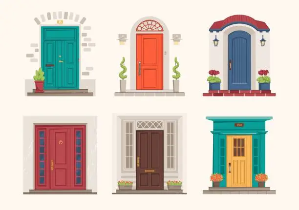Vector illustration of House doors. Cartoon front entrance. Exterior wall doorsteps with porches. Outside cottage doorways collection. Residential building facade templates. Vector architectural elements set