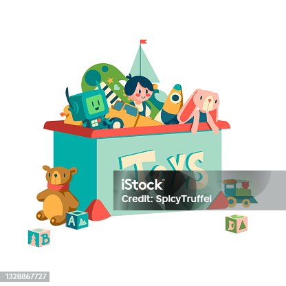 istock Toy box. Cartoon container with kids transport and plush animals. Doll or robot for infant play and education. Storage of children rocket or musical instrument. Vector orphanage gift box 1328867727