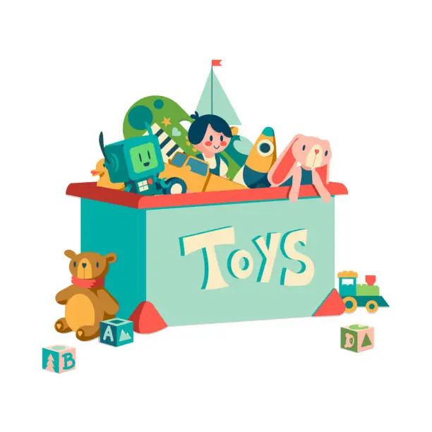 Vector illustration of Toy box. Cartoon container with kids transport and plush animals. Doll or robot for infant play and education. Storage of children rocket or musical instrument. Vector orphanage gift box