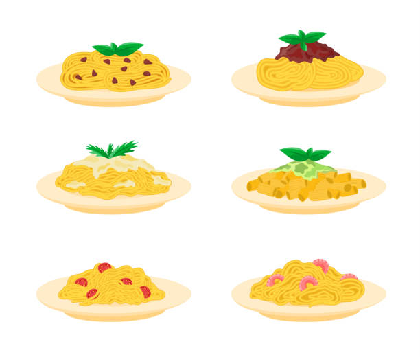 Cartoon Color Different Pasta Dish Icon Set. Vector Cartoon Color Different Pasta Dish Icon Set Italian Food Concept Flat Design Style. Vector illustration of Icons spaghetti stock illustrations