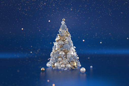 Christmas tree made of gold, blue and pearl colored spheres with falling defocused lights and sparks, CGI and photography combined.