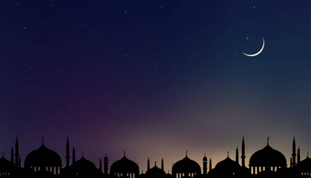 illustrations, cliparts, dessins animés et icônes de carte de l’aïd al adha moubarak avec mosquées silhouette dome la nuit noire avec croissant de lune et ciel étoilé, fond de bannière vectorielle pour les religions islamiques, aïd al fitr, joyeux muharram, nouvel an islamique heureux - star star shape sky night