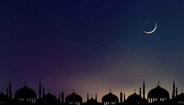 stockillustraties, clipart, cartoons en iconen met eid al adha mubarak card with silhouette dome mosques at dark night with crescent moon and star sky,vector banner background for islamic religions ,eid al fitr, happy muharram, islamic new year happy - mosque