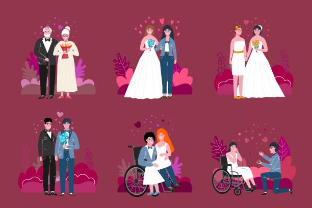 Unconventional wedding set. Editable iilustration in flat style Unconventional wedding collection. Lesbian, gay, bisexual, transgender people and old people marriage. Happy women. A girl marries a girl. We are equals. Vector illustration in flat style. unusual couple stock illustrations