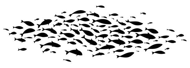 ilustraciones, imágenes clip art, dibujos animados e iconos de stock de gran bandada negra de peces. escuela de peces. ilustración vectorial - fish