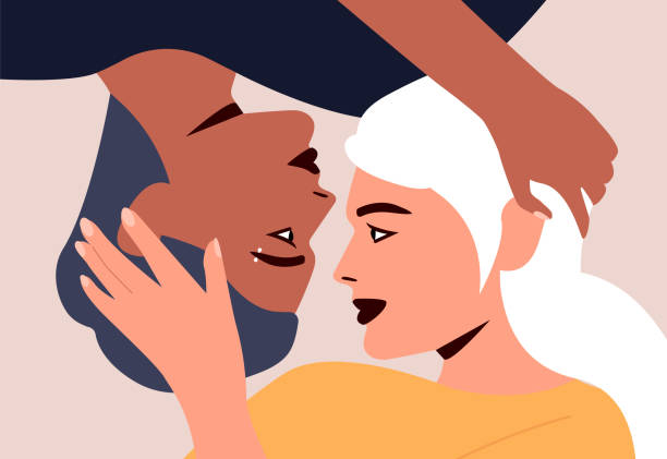 illustrations, cliparts, dessins animés et icônes de couple de lesbiennes. portrait d’adorables jeunes femmes qui se regardent dans les yeux. partenaires romantiques homosexuels interraciaux à ce jour. amour lgbtq, relations, concept de passion. design plat. - bi sexual illustrations