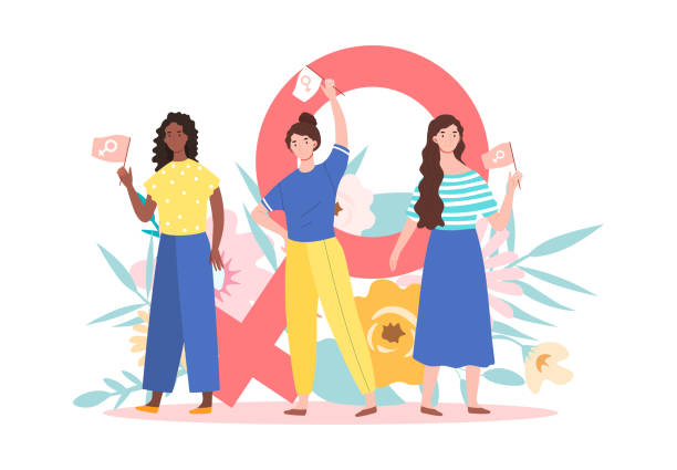 The concept of feminism The concept of feminism. Three women hold flags in their hands against the background of a female gender sign. Equal rights for women and men. Cartoon flat vector illustration on a white background gender equality at work stock illustrations