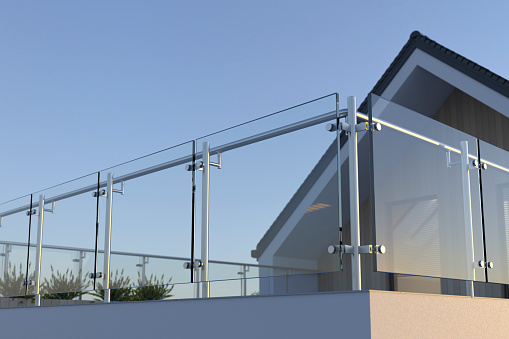 Modern stainless steel railing with glass panel, 3D illustration