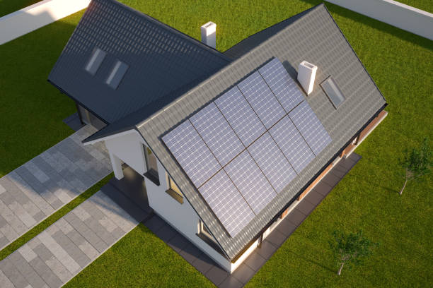 panneaux solaires sur le toit de la maison unifamiliale moderne - vue de dessus, illustration 3d - solar energy solar panel sun facade photos et images de collection