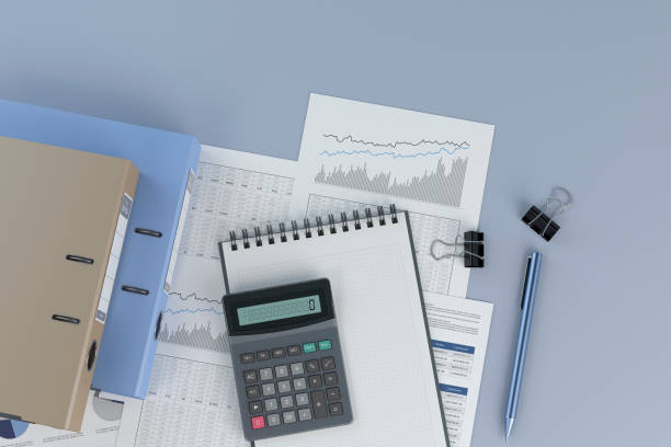 istock Accounting concept, documents, pen binders and calculator, 3d illustration 1328872768