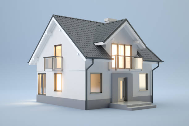 casa pequeña en 3d sobre fondo azul. ilustración 3d - house fotografías e imágenes de stock