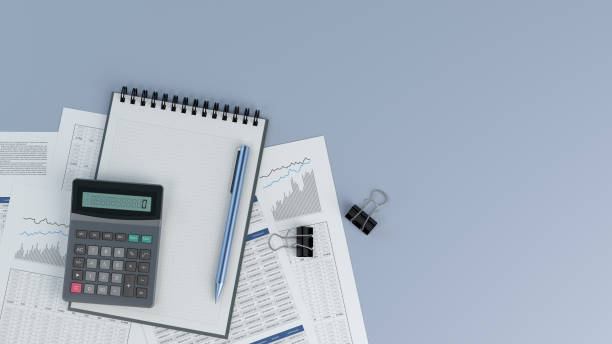 istock Accounting concept, documents, pen and calculator, 3d illustration 1328873344