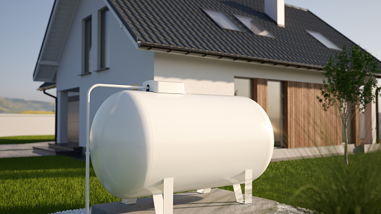 Tanque de gas propano cerca de la casa, ilustración 3D photo