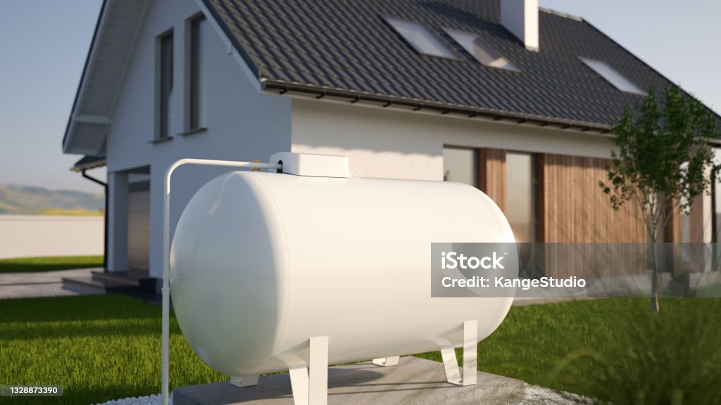 Propane Gas Tank near house, 3d illustration home gas storage tank system Storage Tank Stock Photo