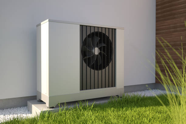 Air heat pumps beside house alternative energy concept - 3D illustration heat temperature stock pictures, royalty-free photos & images